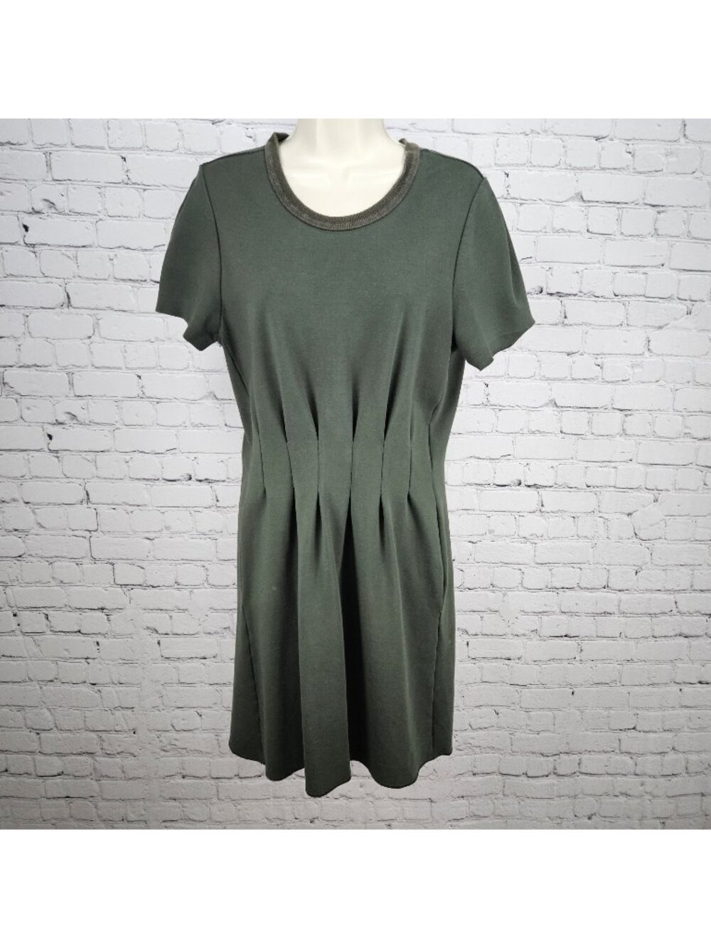 Madewell Green Pleated Short Sleeve Pockets Stretch A-Line Midi Dress Small S